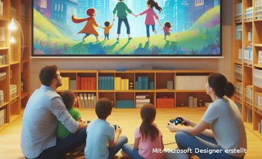 Eine mit KI erstellte Grafik, die eine Familie mit zwei Eltern und zwei Kindern in einer Bibliothek zeigt. Sie sitzen mit Gamingcontrollern vor einem großen Monitor und spielen.