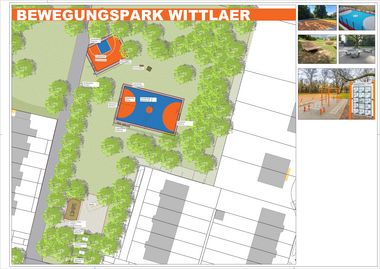 Wittlaer bekommt einen Bewegungspark. Auf den Basketball- und Fußballflächen in der Grünanlage am Friederike-Fliedner-Weg baut die Stadt eine multifunktionale Sportfläche. Fotos/Grafik: Gartenamt