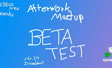 Auf blau/lila Hintergrund steht in weißer Schrift "Afterwork Meetup Beta Test". Unten rechts ein Logo von Gamedevs NRW