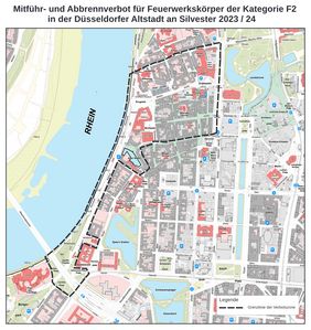 Auf der Karte ist der Geltungsbereich des Mitführ- und Abbrennverbots von Feuerwerkskörpern in der Altstadt markiert. Foto: Landeshauptstadt Düsseldorf