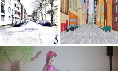 Collage aus einem Foto und zwei Zeichnungen zum Thema Stadtlandschaften von Schülerinnen und Schülern des Friedrich Rückert Gymnasiums.