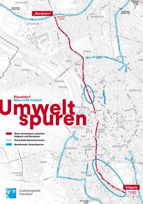 Die Grafik zeigt die beiden vorhandenen und die geplante dritte Umweltspur in der Landeshauptstadt Düsseldorf. Grafik: Amt für Kommunikation