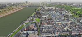 Düsseldorf in 3D – virtueller Flug über Düsseldorf jetzt noch realistischer. Neu sind das Level of Detail (LOD) Stufe 2 sowie alternative Kartengrundlagen, Vegetationsdarstellung, Dachformen und Fassadentexturierung.