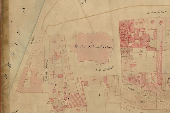 Denkmal des Monats Oktober ist der Mittelalterliche Altstadtkern rund um St. Lambertus: Hier ein Ausschnitt aus der Urkarte der Altstadt von 1829. Karte: Vermessungs- und Katasteramt