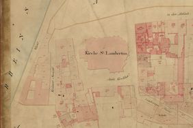 Denkmal des Monats Oktober ist der Mittelalterliche Altstadtkern rund um St. Lambertus: Hier ein Ausschnitt aus der Urkarte der Altstadt von 1829. Karte: Vermessungs- und Katasteramt