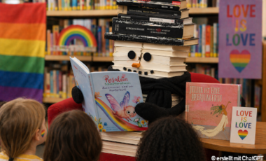 Mit KI erstelltes Bild, auf dem ein Schneemann aus Büchern Kindern vorliest. Im Hintergrund ist eine Regenbogenflagge und ein Regenbogen zu sehen.