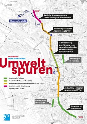 Grafik zu bereits eingerichteten sowie geplanten Umweltspuren in der Landeshauptstadt Düsseldorf. Grafik: Landeshauptstadt Düsseldorf