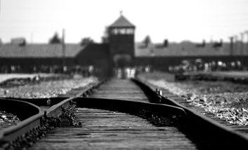 Foto von Gleisen, die zum Eingangdes ehemaligen Konzentrationslagers Auschwitz-Birkenau führen