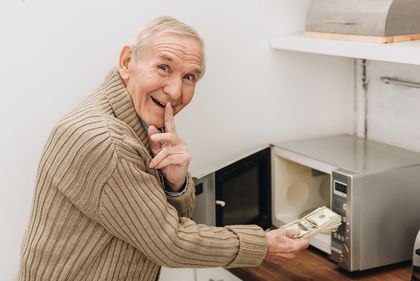 Älterer Mann steht mit Geld in der Hand vor der Mikrowelle, Foto: iStock, Light Field Studios
