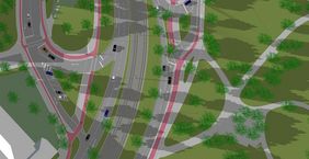 Gesamtübersicht der geplanten Radverkehrsführung am Knotenpunkt Hofgartenrampe/Oederallee/Fritz-Roeber-Straße. Grafik: Amt für Verkehrsmanagement