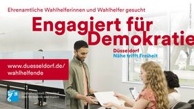 Für die Wahl zum Europäischen Parlament am 9. Juni 2024 werden noch Freiwillige gesucht, die das Amt für Statistik und Wahlen bei der Durchführung unterstützen. Grafik: Landeshauptstadt Düsseldorf