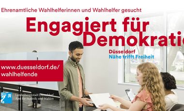 Für die Wahl zum Europäischen Parlament am 9. Juni 2024 werden noch Freiwillige gesucht, die das Amt für Statistik und Wahlen bei der Durchführung unterstützen. Grafik: Landeshauptstadt Düsseldorf