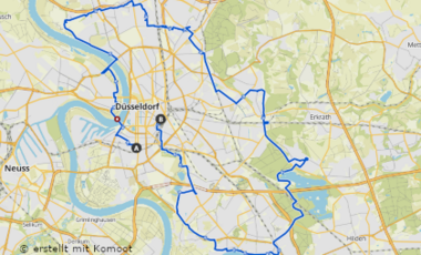 Straßenkarte von Düsseldorf mit der markierten Route zu allen Stadtbüchereien