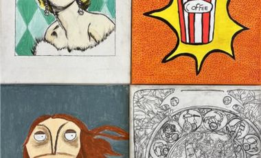 Collage aus vier gezeichneten und gemalten Bildern aus dem Kunstunterricht