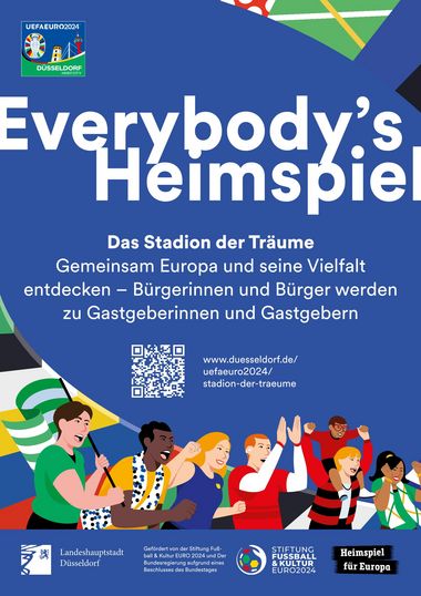 Auf dem Bild steht in weißen Buchstaben "Everybodys`s Heimspiel". Das Stadion der Träume. Gemeinsam Europa und seine Vielfalt entdecken – Bürgerinnen und Bürger werden zu Gastgeberinnen und Gastgeber