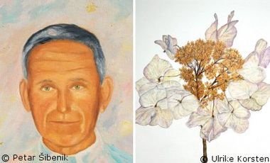 Collage aus zwei gemalten und gezeichneten Bildern. Links ist der Kopf eines Mannes und rechts eine halb verblühte Hortensienblüte zu sehen.