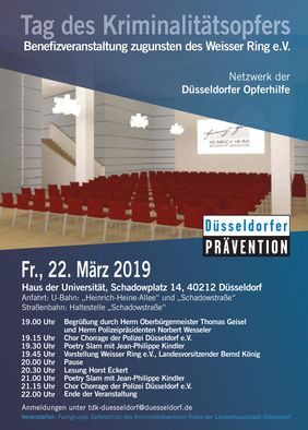 Mit Plakaten wirbt der Kriminalpräventive Rat für die Benefizveranstaltung zum Tag des Kriminalitätsopfers am Freitag, 22. März. Grafik: Kriminalpräventiver Rat