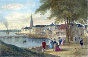 Düsseldorf, altkol. Stahlstich, Buhl nach Dielmann, Rheinufer Mitte 19. Jh. (Foto-Sammlung SchifffahrtMuseum Düsseldorf)