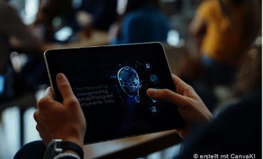 Mit KI erstelltes Bild, das einen Tablet-PC zeig, der von einer Person gehalten wird.