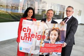 Stellten Details zur autofreien Innenstadt in Düsseldorf am Sonntag, 15. September vor: Verkehrsdezernentin Cornelia Zuschke, Oberbürgermeister Thomas Geisel und Klaus Klar, Vorstandsvorsitzender der Rheinbahn (v.l.). Foto: Ingo Lammert