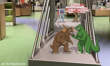 Argmented Reality Figuren auf der Brücke in der Kinderbibliothek