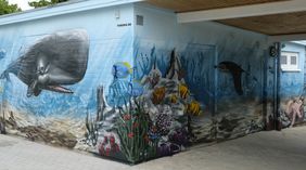 Eine bunte Meereswelt an den Fassaden des Technikgebäudes haben die Graffiti-Künstler "TUBUKU" passend zum Thema "Spielen am Düsselstrand"erschaffen. Foto: Wilfried Meyer