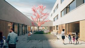 Geplanter Neubau Haus der Jugend - Innenhof, Animation: bap - Hetschold, Sunder, Kurz PartG mbB Architekten, 2019.