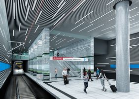 Die Visualisierung zeigt die Innenansicht des zukünftigen U-Bahnhofes Flughafen Terminal. Grafik: Landeshauptstadt Düsseldorf/Amt für Verkehrsmanagement