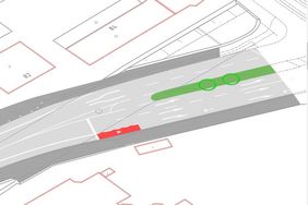 Planausschnitt der Kreuzung Karlsruher Straße/Vennhauser Allee die die neu geplanten Radverkehrsanlagen zeigt.
