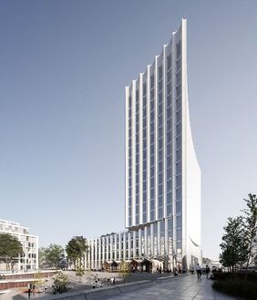 Der Siegerentwurf des Architekturbüros Cobe (Kopenhagen): Animation des neuen Bürogebäudes der Gustav Zech Stiftung am Hafenbeckenkopf B im Medienhafen
