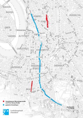 Die Grafik gibt eine Übersicht über die Umweltspuren, die im Stadtgebiet eingerichtet werden (rot) und die Umweltspur, die noch geprüft wird (blau). Grafik: Amt für Kommunikation