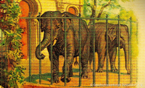 Eine Zeichnung von zwei Elefanten in einem Zoogehege