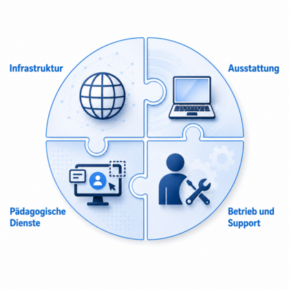 Kreisförmige Puzzlegrafik mit vier Bereichen der schulischen IT: Infrastruktur, Ausstattung, pädagogische Dienste sowie Betrieb und Support, jeweils durch passende Symbole dargestellt.