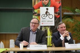 Förderer Harald Christ und Oberbürgermeister Thomas Geisel bei der Pressekonferenz zum Petit Départ. Foto: Ingo Lammert