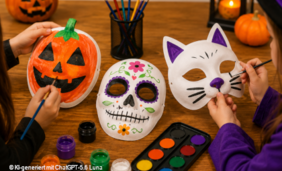 KI generiertes Bild, das Halloween-Masken zeigt, die von Kinderhänden bemalt werden.