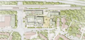 Durch seine klare Struktur und offene Gestaltung verknüpft der Entwurf das neue Zentrum mit dem umliegenden Stadtraum und schafft eine attraktive Durchwegung zum S-Bahnhof Hellerhof. Copyright: RKW Architektur +