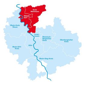 Die Karte zeigt die Radregion Rheinland plus die neuen Mitglieder Landeshauptstadt Düsseldorf und Kreis Mettmann. 