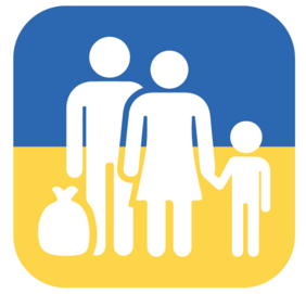 Auf dem Bild sehen Sie ein Piktogramm in den Farben der ukrainischen Flagge in blau und gelb. Auf dem blau, gelben Untergrund wird eine Familie mit drei Personen, Hand in Hand, abgebildet.