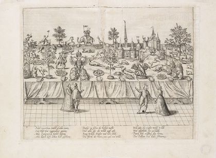 Dietrich Graminäus (1530 - 1593), Franz Hogenberg (1538-1590), 1587, Das Zuckerbankett, Kupferstich auf Papier, Inv.-Nr. D V-8