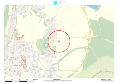 Karte vom Radius von 300 Metern rund um den Fundort, der evakuiert werden muss