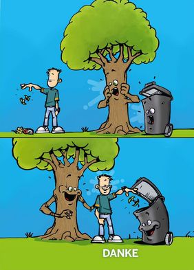 Die gestaltete Rückseite der Infopostkarte, die Promotionteams im Rheinpark und am Rheinufer verteilen, um die Menschen zu sensibilisieren, ihren Müll in die dort aufgestellten Müllbehälter zu entsorgen, zeigt einen Cartoon.