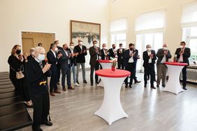Anlässlich der erreichten Erfolge bei der Tischtennis-WM hat Oberbürgermeister Dr. Stephan Keller Timo Boll und Kristian Karlsson im Rahmen eines Stehempfangs im Jan-Wellem-Saal des Rathauses gratuliert.