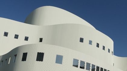 Die geschwungene weiße Fassade des Düsseldorfer Schauspielhauses.