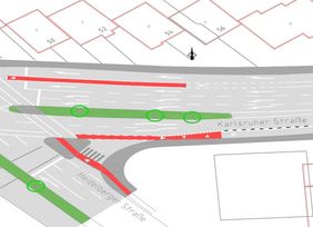 Planausschnitt der Kreuzung Heidelberger Straße/Karlsruher Straße die die neu geplanten Radverkehrsanlagen zeigt.