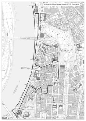 Die Grafik zeigt das Geltungsgebiet des Verweil- und Alkoholkonsumverbots im Bereich Altstadt einschließlich Rheinuferpromenade - analog zum Maskenpflichtgebiet "Altstadt". Grafik: Ordnungsamt