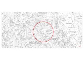 Der rote Kreis markiert den Radius "A", der vollständig geräumt werden muss. Karte: Feuerwehr Düsseldorf