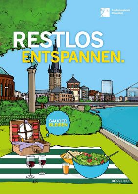 Vorderseite der Infopostkarte, die Promotionteams im Rheinpark und am Rheinufer verteilen, um die Menschen zu sensibilisieren, ihren Müll in die dort aufgestellten Müllbehälter zu entsorgen.