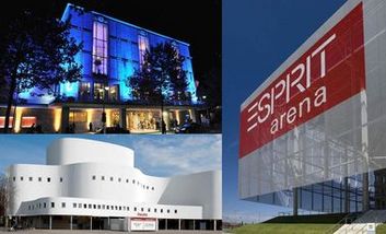 Fotos der Deutschen Oper am Rhein bei Nacht, des Düsseldorfer Schauspielhauses und der Esprit-Arena