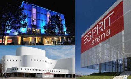 Fotos der Deutschen Oper am Rhein bei Nacht, des Düsseldorfer Schauspielhauses und der Esprit-Arena
