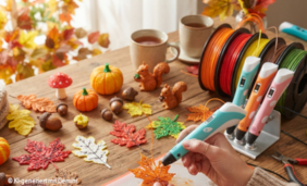 Mit KI generiertes Bild, das herbstliche Dekoration und 3D-Druckstifte mit buntem Filament zeigt.